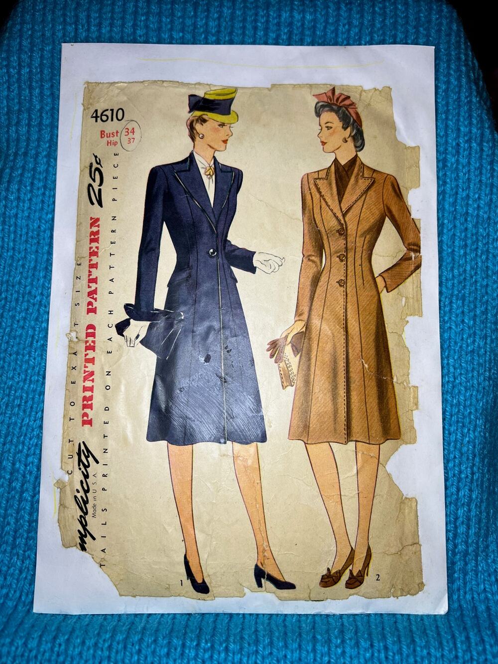Simplicity 4610 pattern coat fitted 1950s bust 34 hip 37
